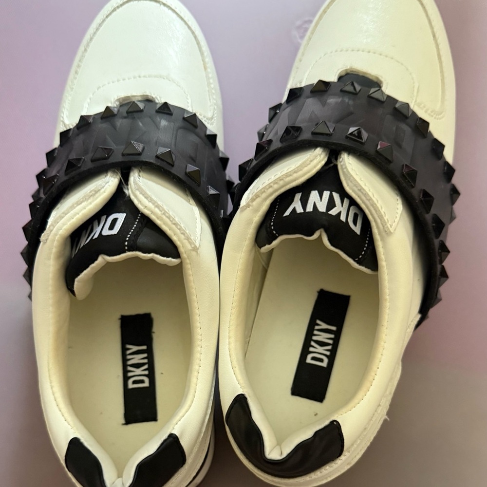 DKNY Cream and Black Studded Slip-Ons